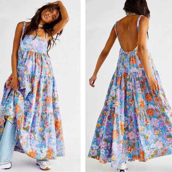 Free People Park Slope Retro Blue Floral Maxi Dress M - Picture 16 of 16